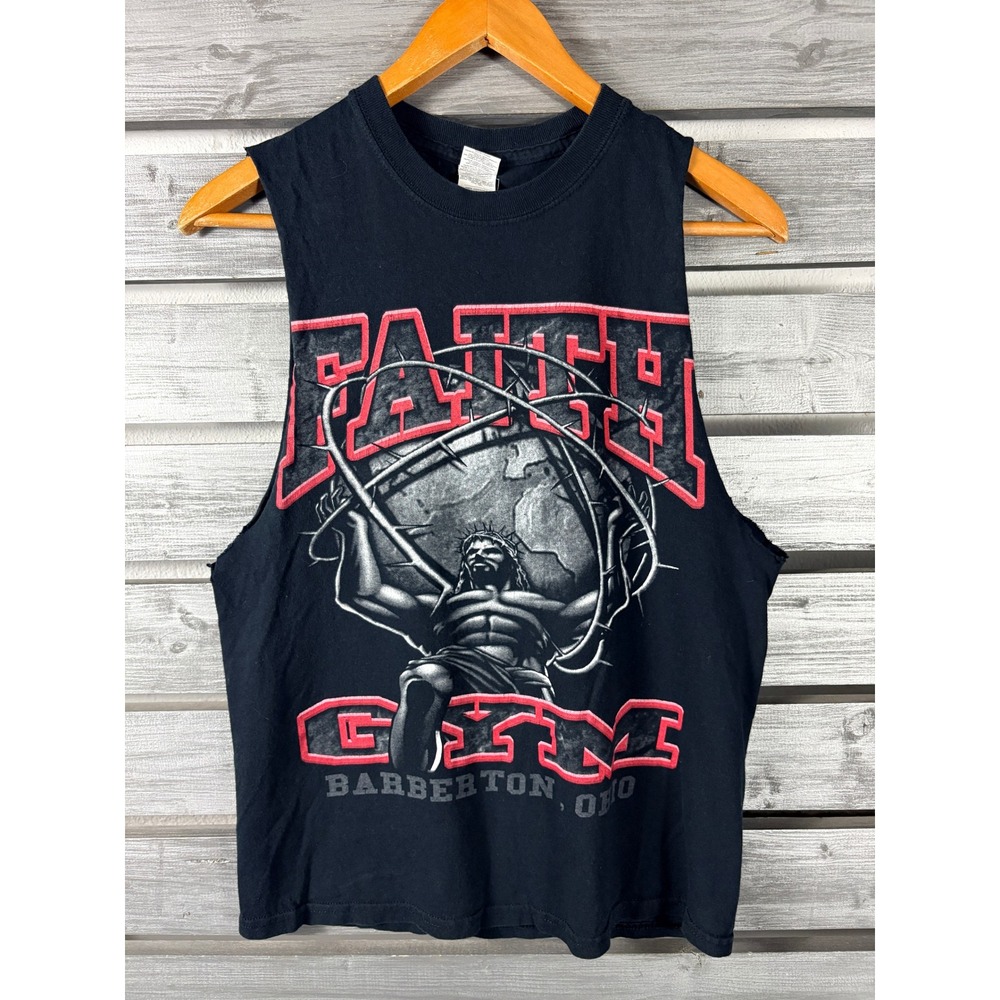 Faith Gym Barberton Ohio Graphic Muscle T Shirt Mens S Sleeveless Workout vtg